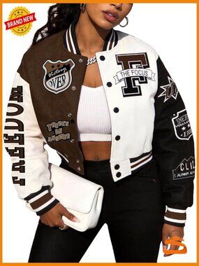 Cropped Varsity Jacket Baseball Y2k Colorblock Letter Print Button Down Bomber